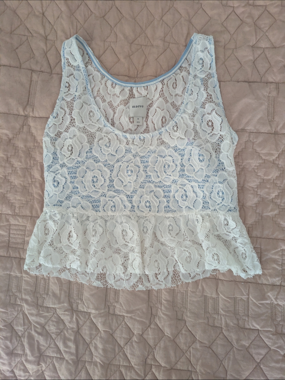 Maeve White Lace Peplum Tank with Light Blue Trim